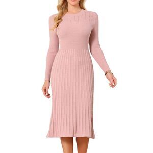 Women's Long Sleeve Sweater Dress Fall Crewneck Knit Pleated Dress Pink